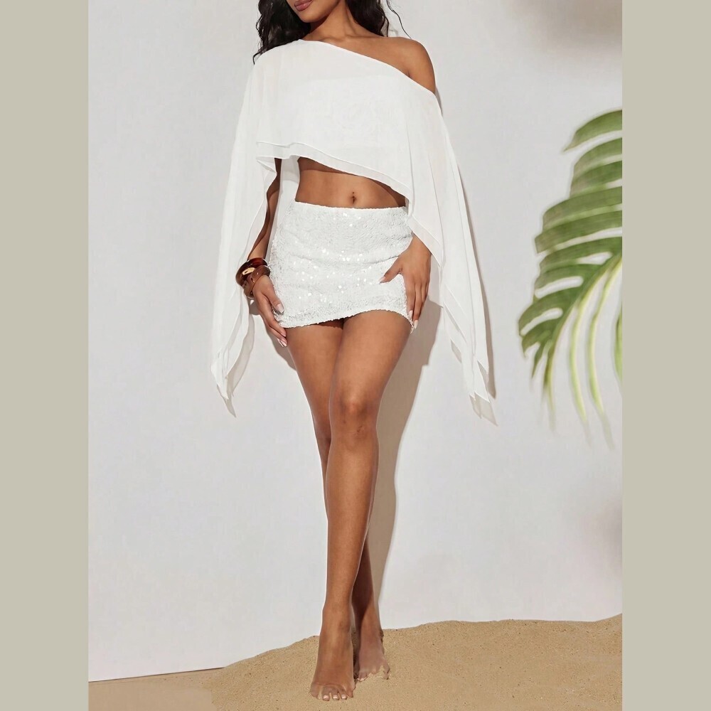 White Sheer Chiffon Asymmetrical One-Shoulder Handkerchief Sleeve Crop Top